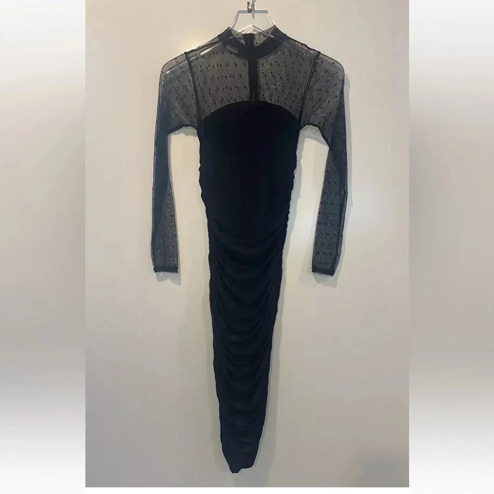 Pretty Little Thing Black Illusion Ruched Bodycon Midi‎ Dress Womens 6 (1222) - Picture 4 of 6
